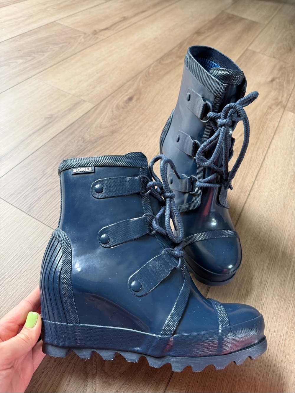 Sorel Joan Rain Wedge Gloss Navy Lace-Up Rain Boot Women's- Gorpcore - Picture 2 of 6